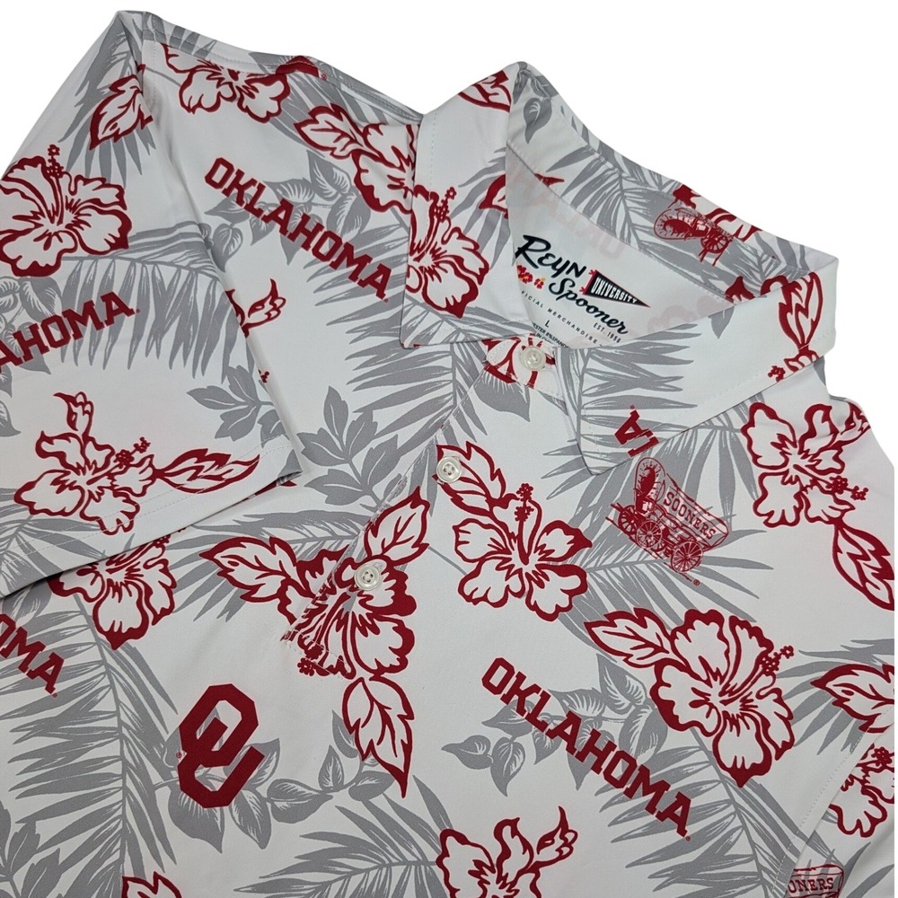 Reyn Spooner Polo Men Large White Oklahoma Sooners Floral Hawaiian Shirt